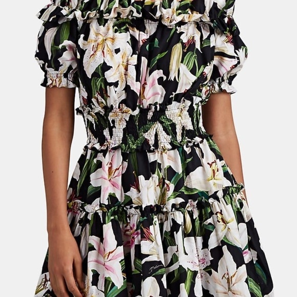 DOLCE & GABBANA Ruffled Lily-Print Poplin Bardot Dress - Picture 3 of 7